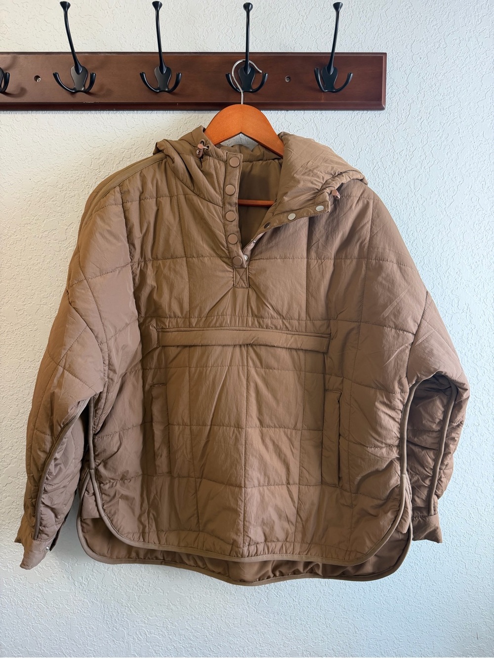Ladies Quilted Hooded Pullover Jacket - Brown